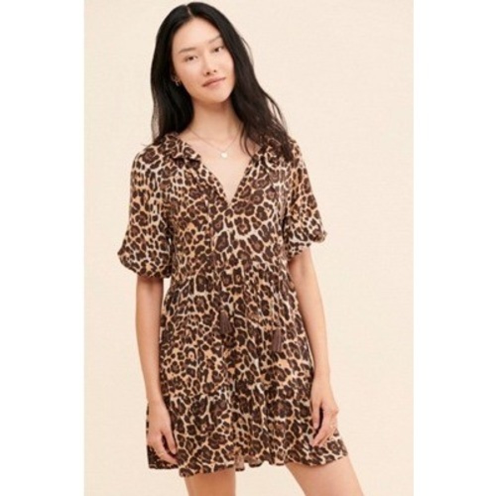 Especia Palmar Leopard Dress Women Small Brown Tassel Tiered Mini Animal‎ Anthro